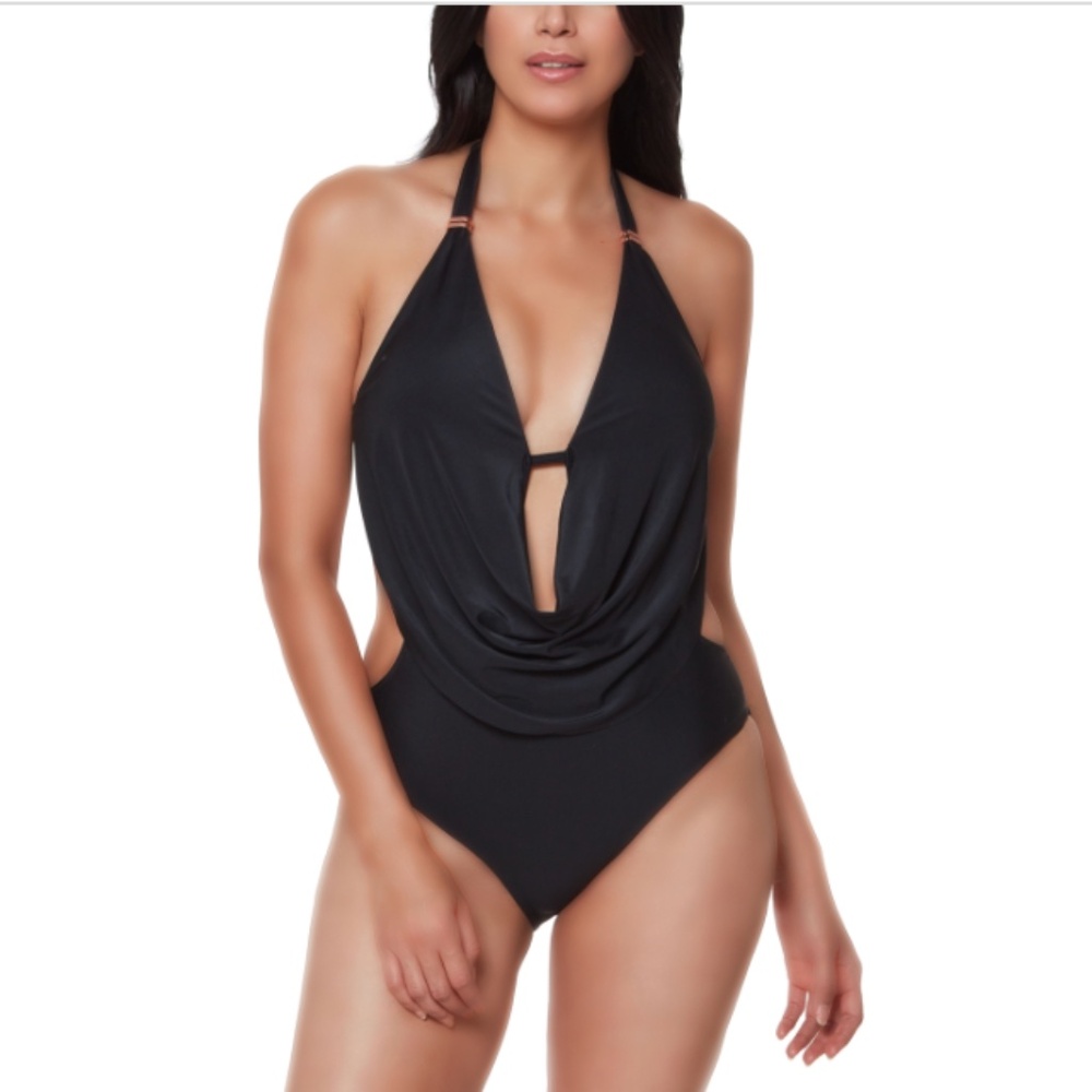 NWT Bar Iii Solid Cowlneck One-Piece Swimsuit, Black